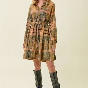 Mystree Rustic Plaid Tiered Shirt Dress with Belt